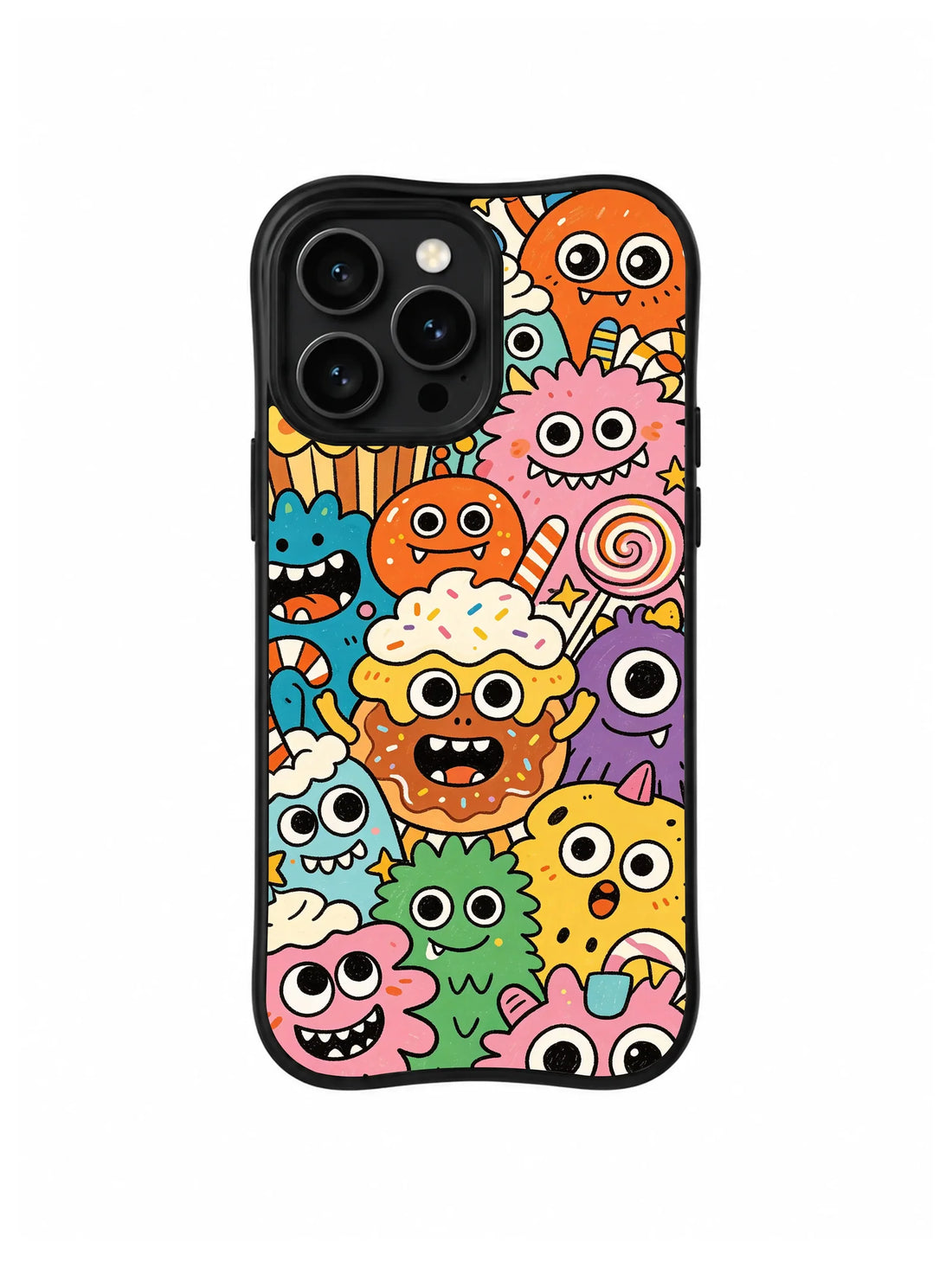 Black iPhone 13 Pro case packed with orange, pink, blue, green, and yellow cartoon monsters and lollipops