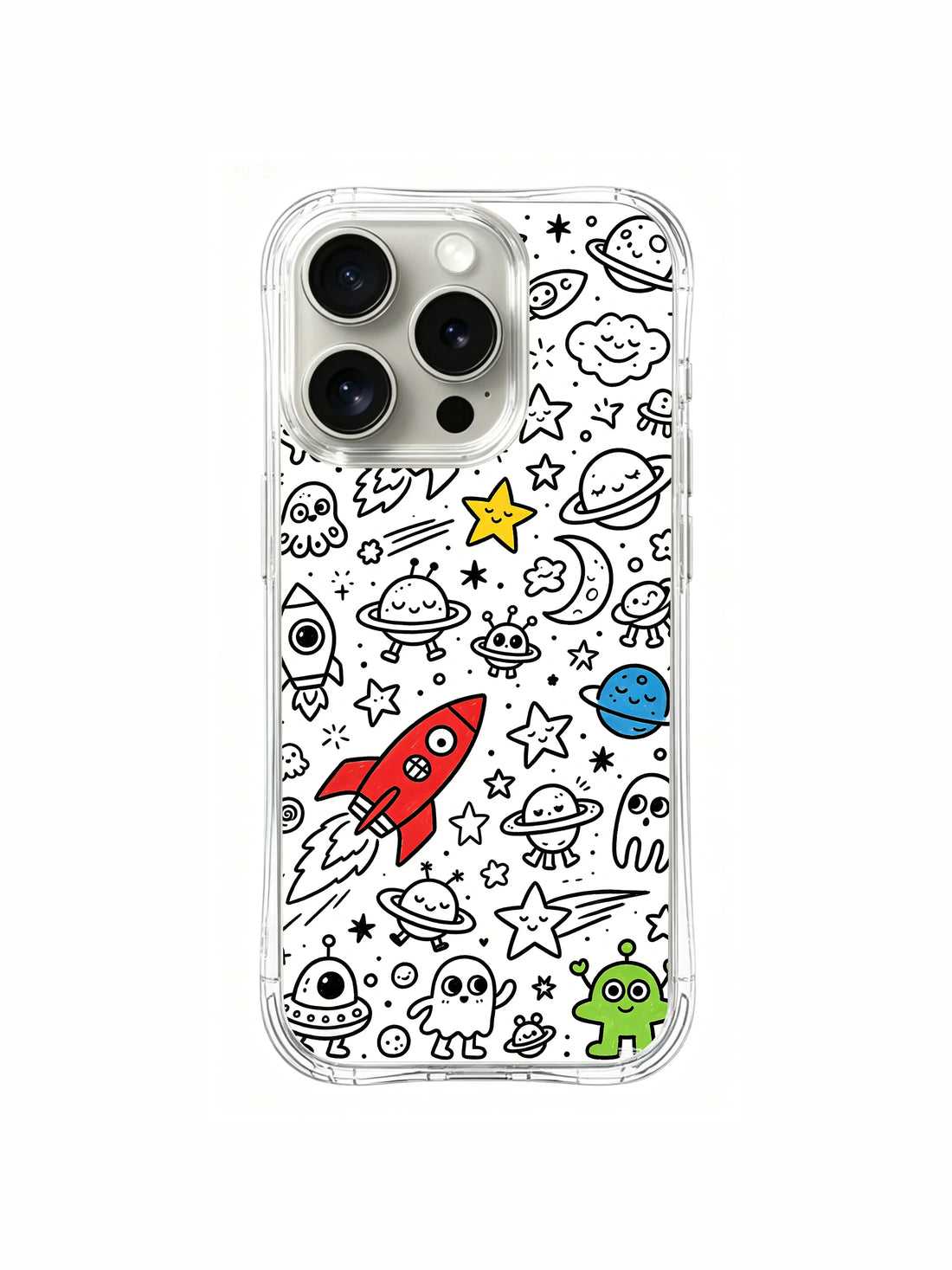 Moon watching alien iPhone 15 Pro Case with cosmic gathering doodle