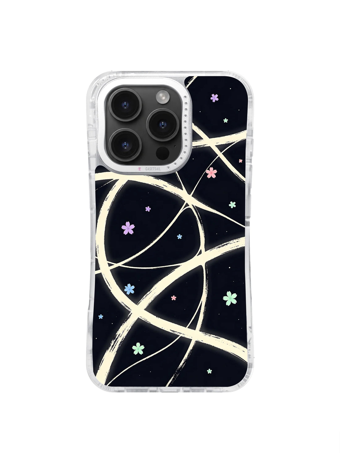 Cream looping lines and tiny colorful flowers on a black iPhone 16 Pro Max case.
