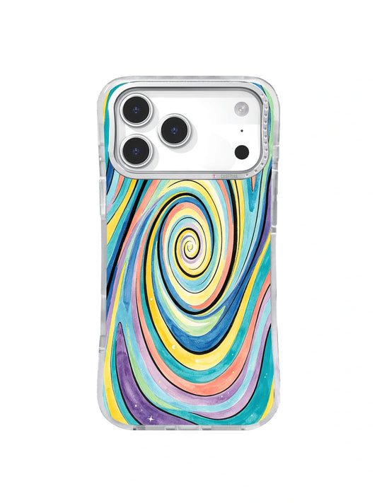 Clear iPhone case with a large multicolor spiral in yellow, teal, coral, blue, and lavender