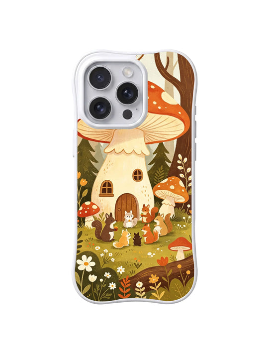 Storybook mushroom village with tiny houses, trees, and flowers on an iPhone 16 Pro case.