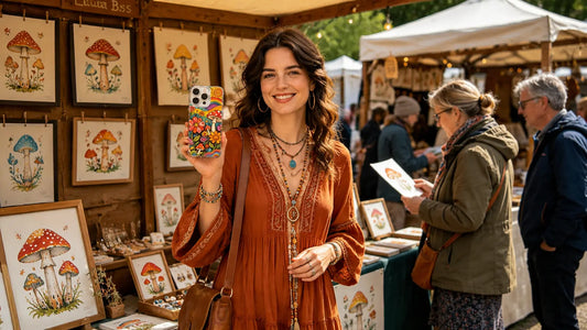 A premium smartphone wearing a nature-inspired aesthetic phone case with vintage botanical patterns and an owl illustration by artist Oliver Wood, placed on a mossy log.