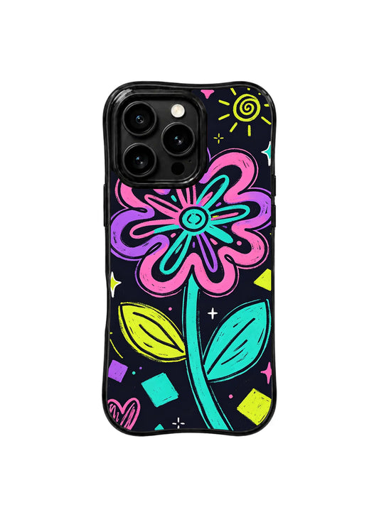 Neon pink flower with turquoise stem and lime leaf on a black iPhone 16 Pro case.