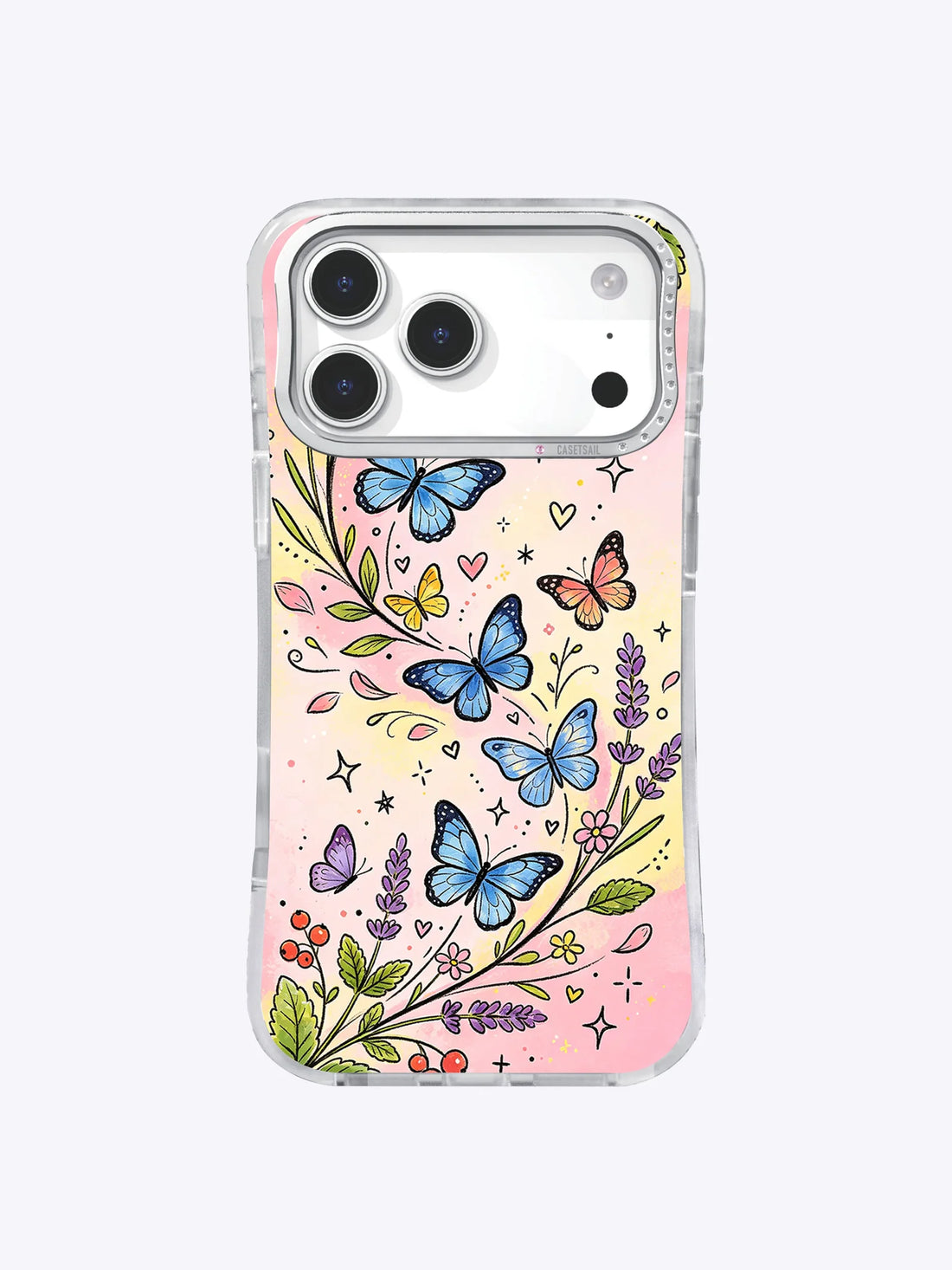Clear iPhone 17 Pro Max case with blue, lavender, and peach butterflies among fine floral sprigs on a blush-pink field