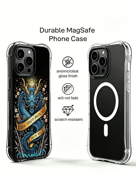 Neon dragon iPhone 14 Case with blue bamboo art