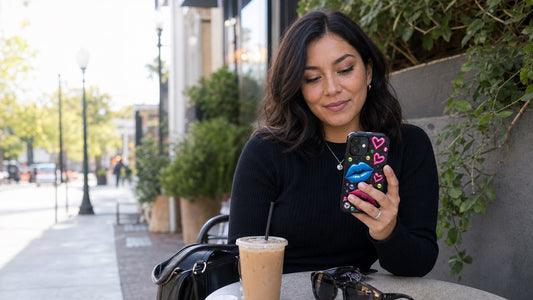 Latina American woman holding the Neon Heart Kiss aesthetic iPhone 16 case by Roxie Vell at an outdoor cafe