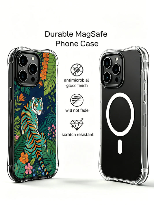 Blue iPhone 13 Pro Case with teal tiger art and midnight flowers