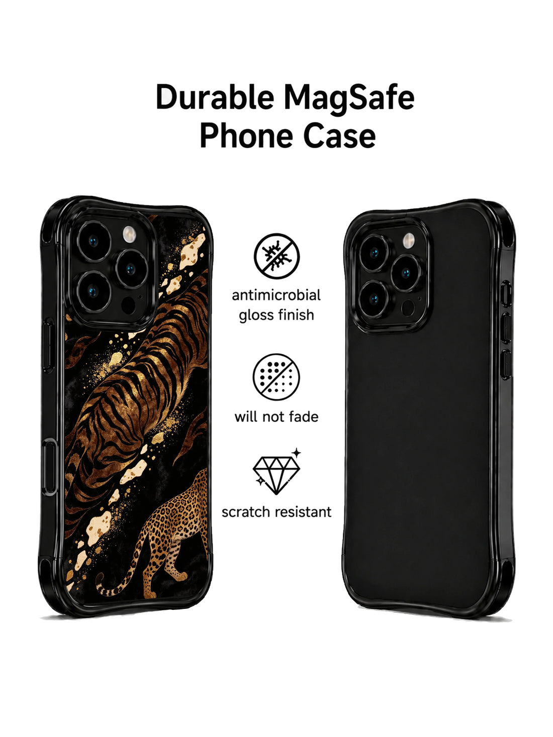 Designer black iPhone 15 Pro Max Case with hidden panther velvet print and calm confident style