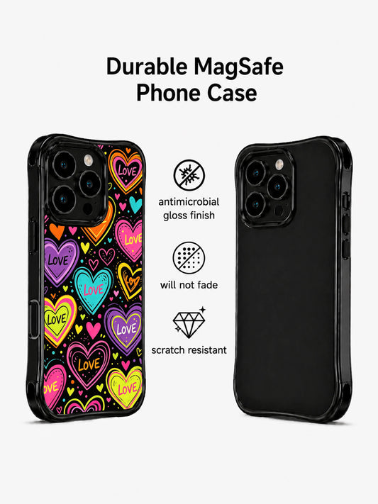 Black heart doodle iPhone 13 Pro Max Case with floating neon pattern