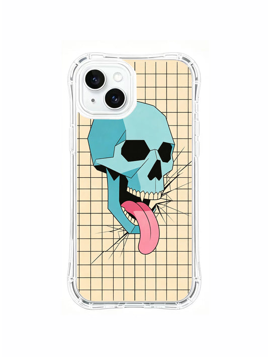 Grid Break: oversized cyan skull with a long pink tongue over a nearly full-height cream grid