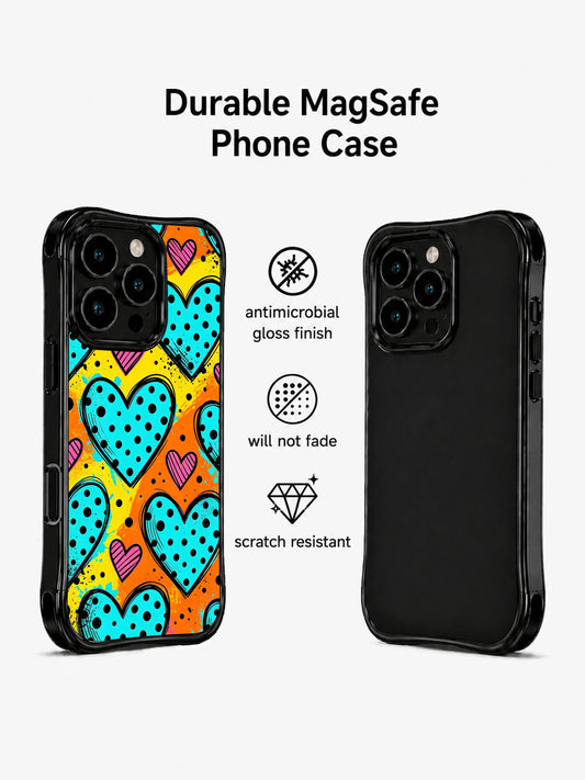 Pop art iPhone 13 Pro Max Case with colorful hearts and bright orange yellow splash background