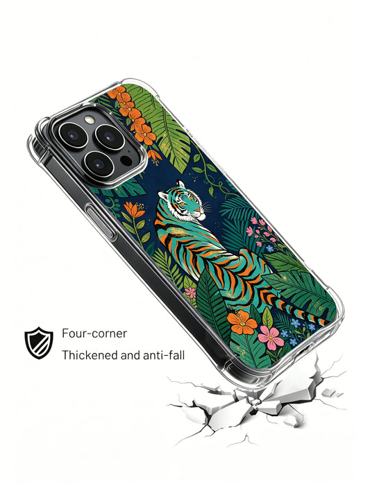 Dark floral iPhone 13 Pro Case with fantasy tiger art and midnight jungle mood