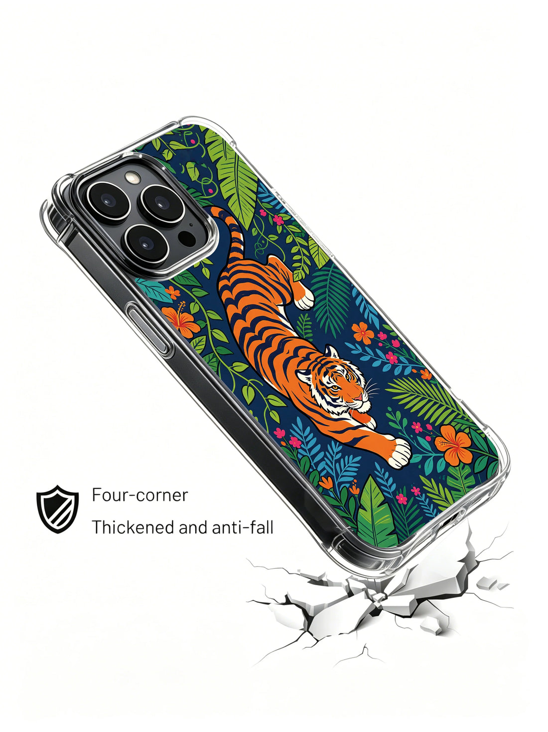 Tropical iPhone 13 Pro Case with hibiscus tiger art and orange motion