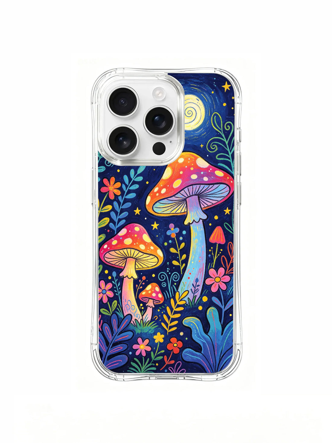 Clear iPhone case with glowing mushrooms, colorful flowers, and a starry blue night scene