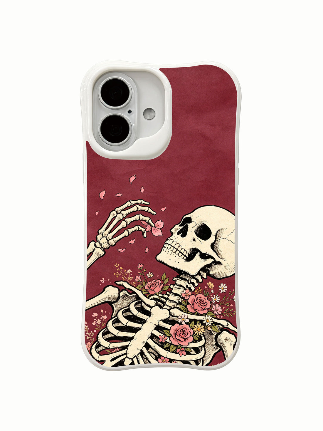 Aesthetic iPhone 16 Case with burgundy skeleton flowers