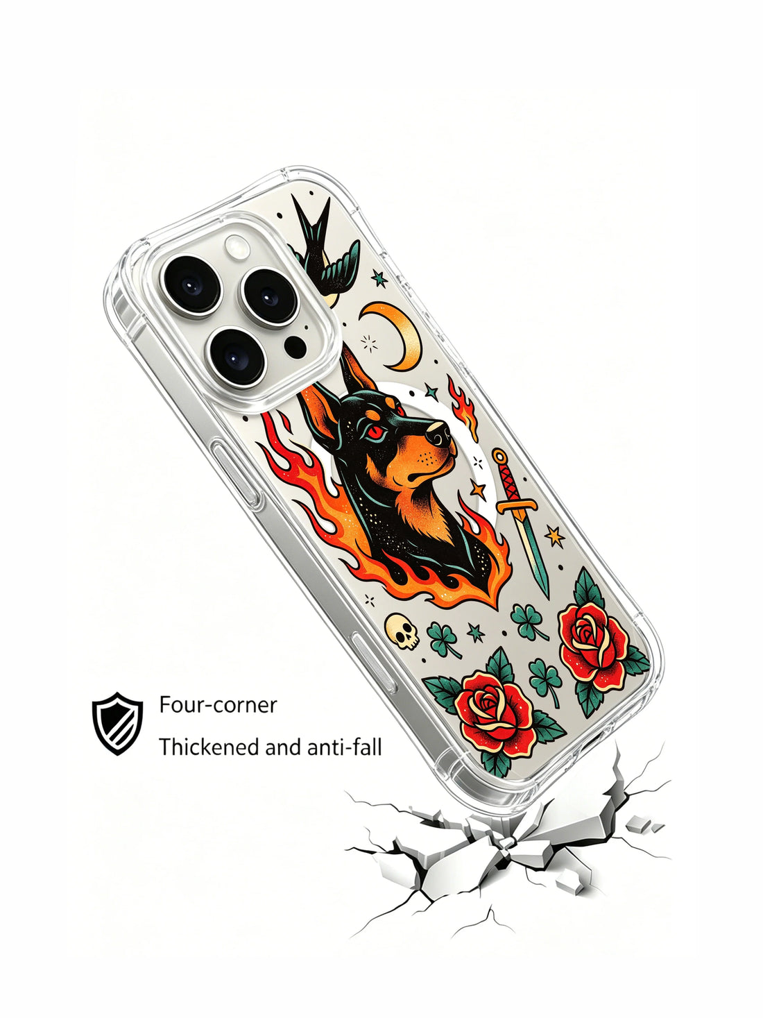 Lucky clover black dog iPhone 15 Pro Case with old school tattoo symbols and protective charm art