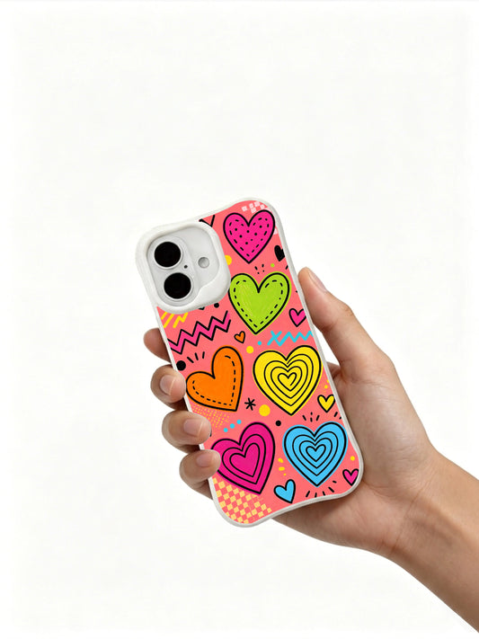 Aesthetic iPhone 16 Plus Case with colorful heart doodle art