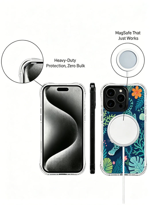 Calm iPhone 13 Pro Case with ocean breeze jaguar art and coral blooms