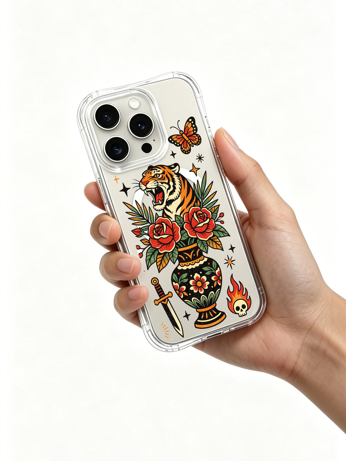 Aesthetic iPhone 15 Pro Case with tiger vase floral artwork
