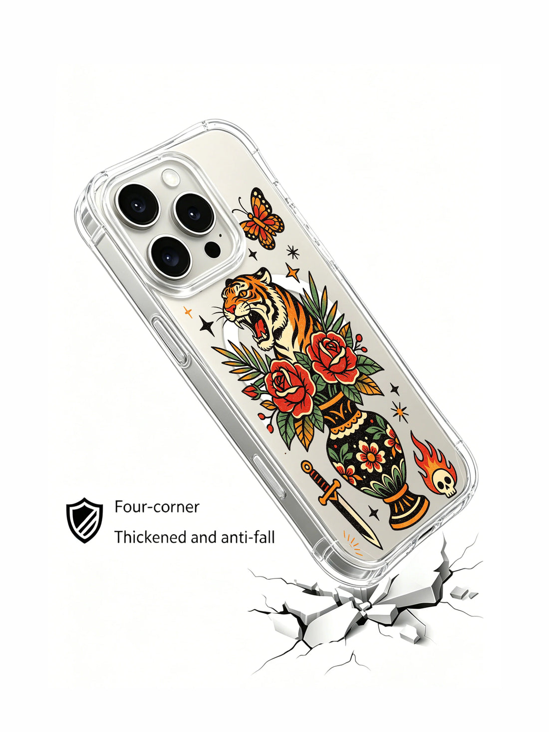 Rose tiger iPhone 15 Pro Case with old school tattoo art