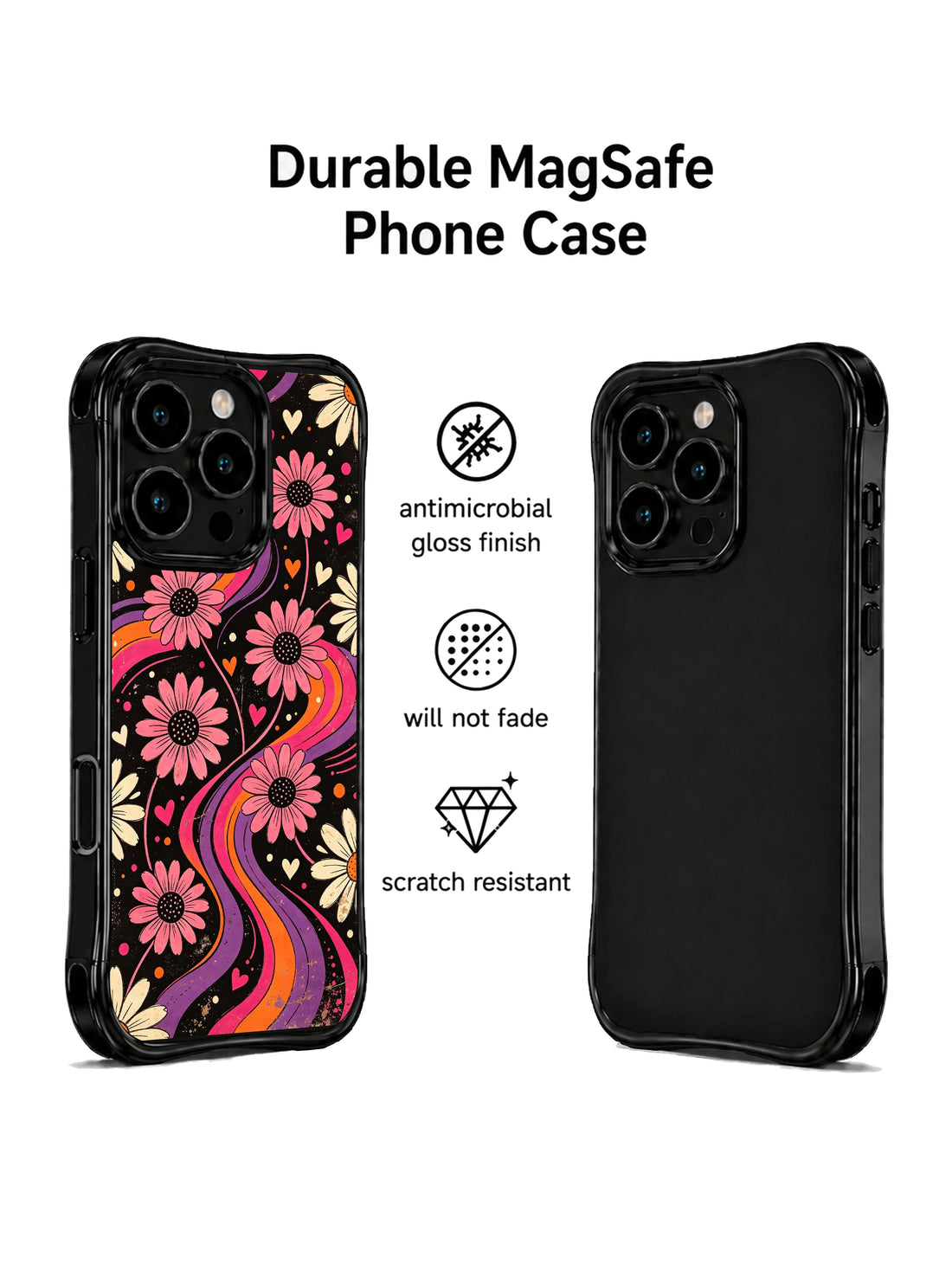 Black floral iPhone 16 Pro Case with orange daisy hearts