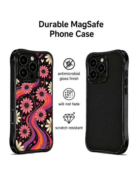 Black floral iPhone 16 Pro Case with orange daisy hearts
