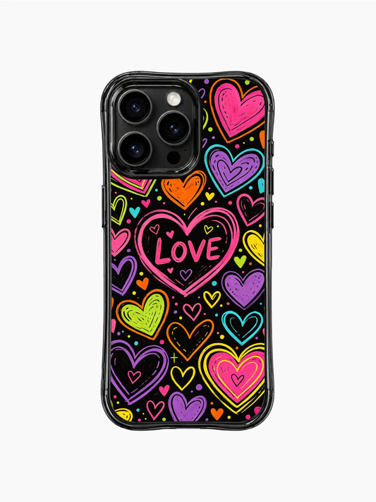 Dark black neon heart iPhone 13 Pro Max Case with colorful burst art