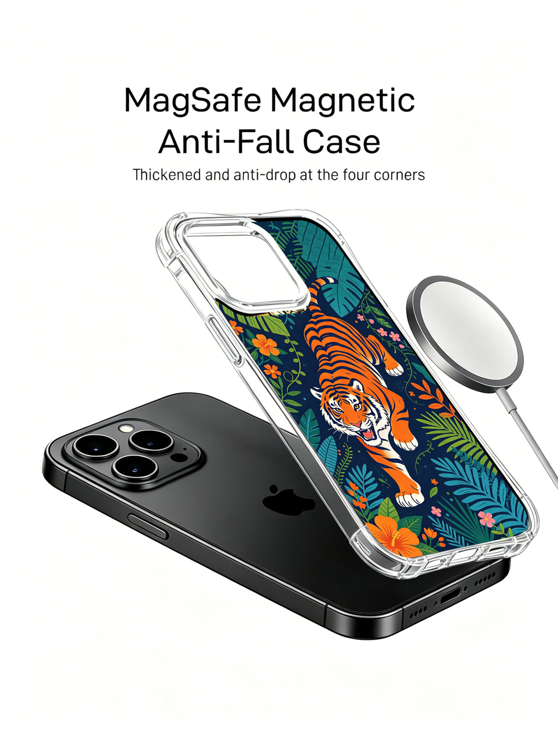 Unique iPhone 13 Pro Case gift with night tiger art and tropical flowers