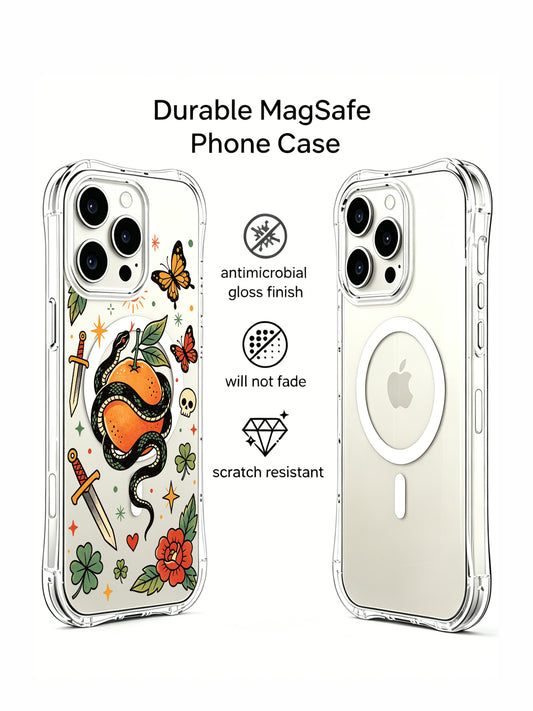 Butterfly and orange snake iPhone 15 Pro Case with sun tattoo details