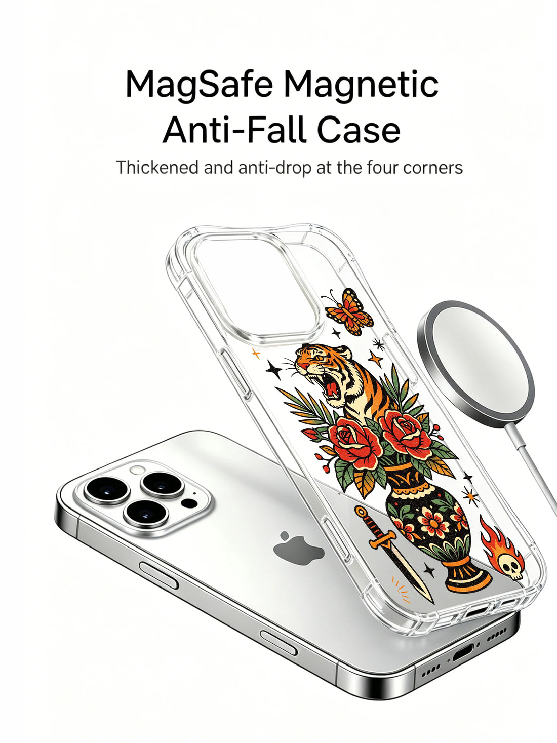 Old school tiger iPhone 15 Pro Case with butterfly vase art