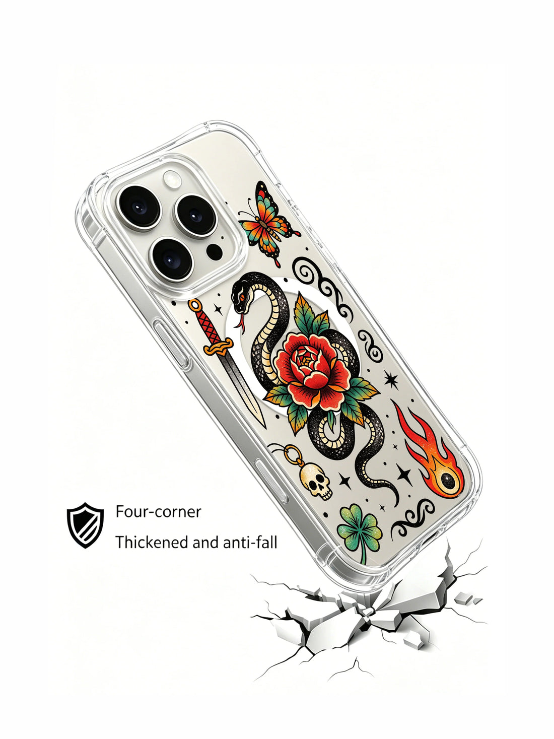 Dual rose serpent iPhone 15 Pro Case with butterfly old school art