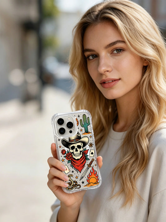 Old school tattoo iPhone 15 Pro Case with western skull rose art