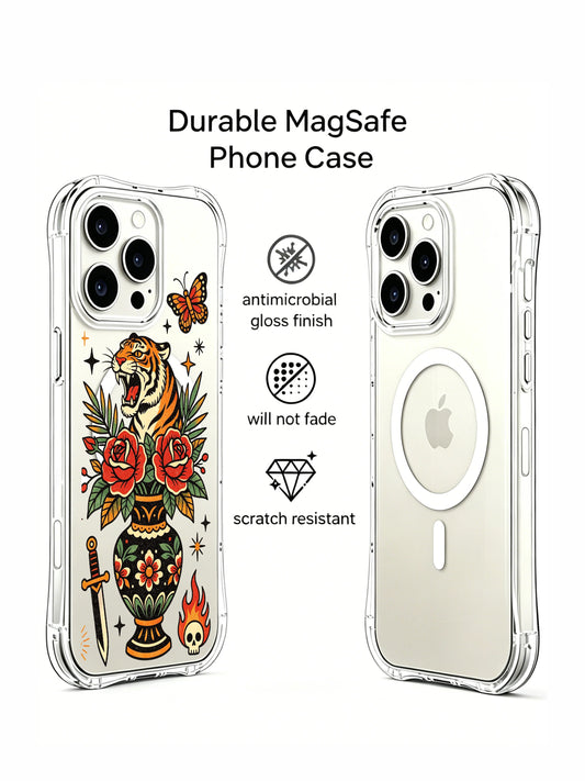 Vintage tattoo iPhone 15 Pro Case with tiger vase illustration