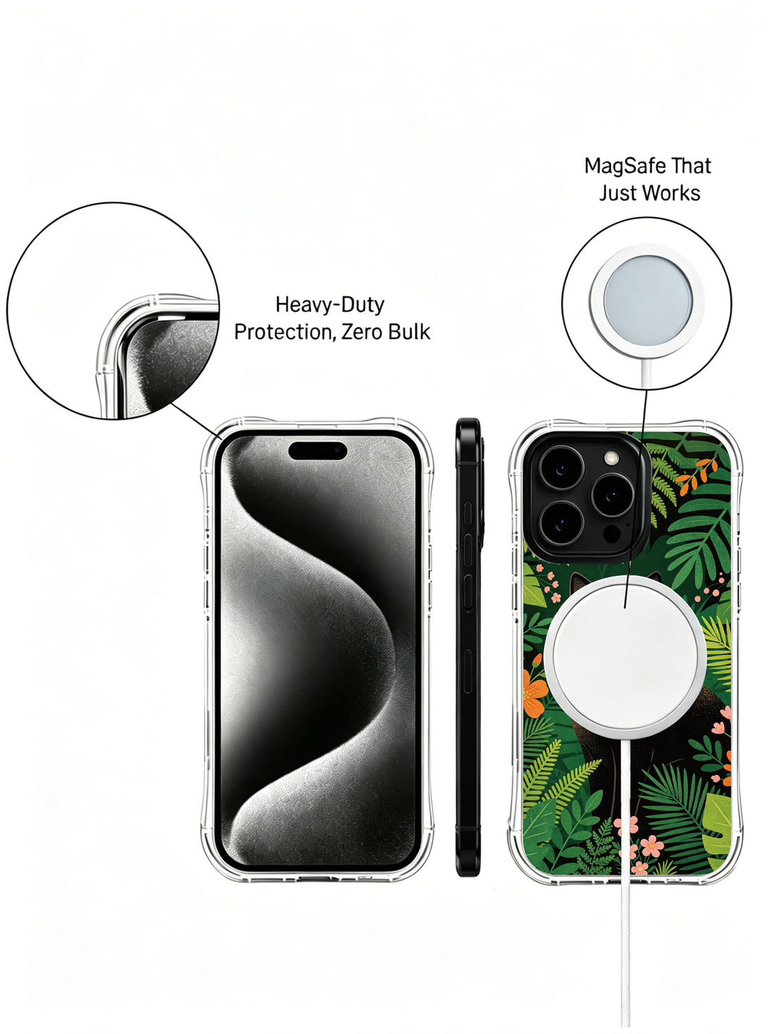 Calm iPhone 13 Pro Case with hidden jungle cat art and soft blossoms