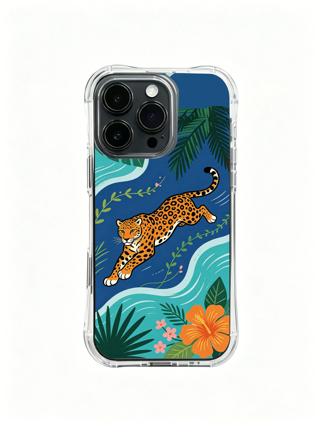 Jaguar iPhone 13 Pro Case with coastal hibiscus art and orange wildlife