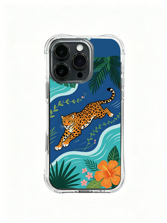 Jaguar iPhone 13 Pro Case with coastal hibiscus art and orange wildlife