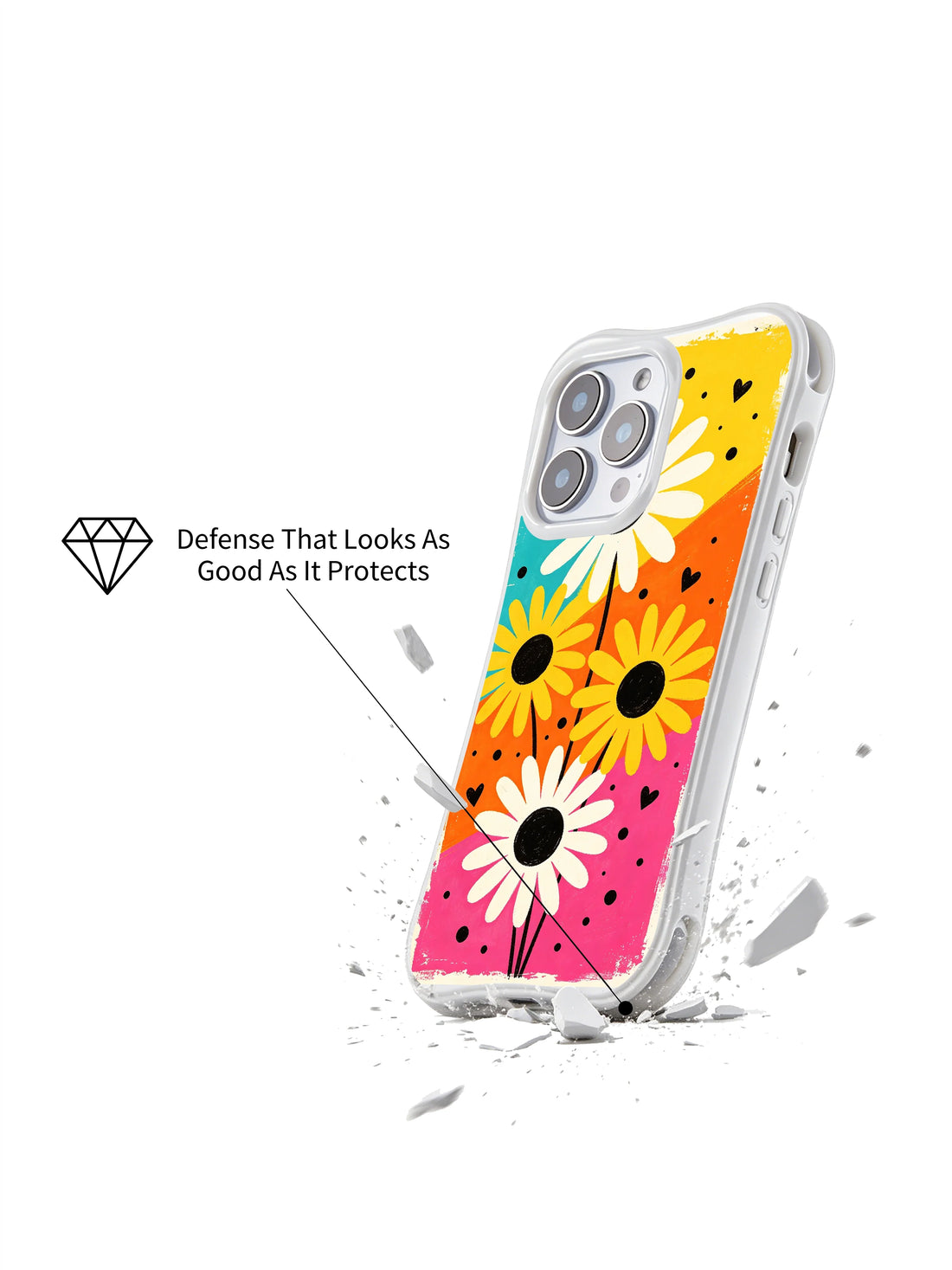 Festival iPhone 16 Pro Case with bright daisy pop art and candy color blocks
