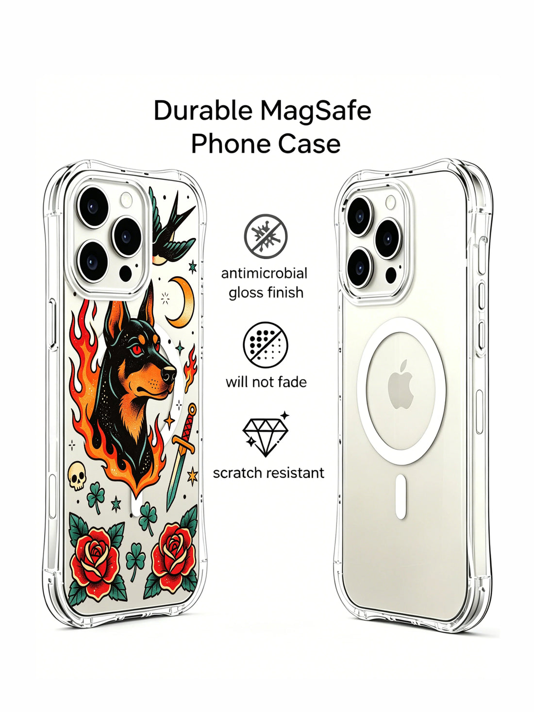 Flame swallow skull iPhone 15 Pro Case with guardian dog tattoo artwork and bold vintage symbols