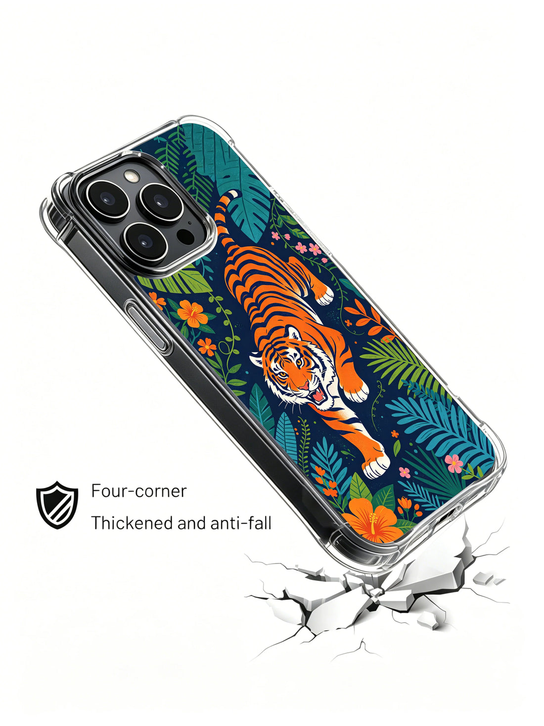 Tropical iPhone 13 Pro Case with night garden tiger art and floral border