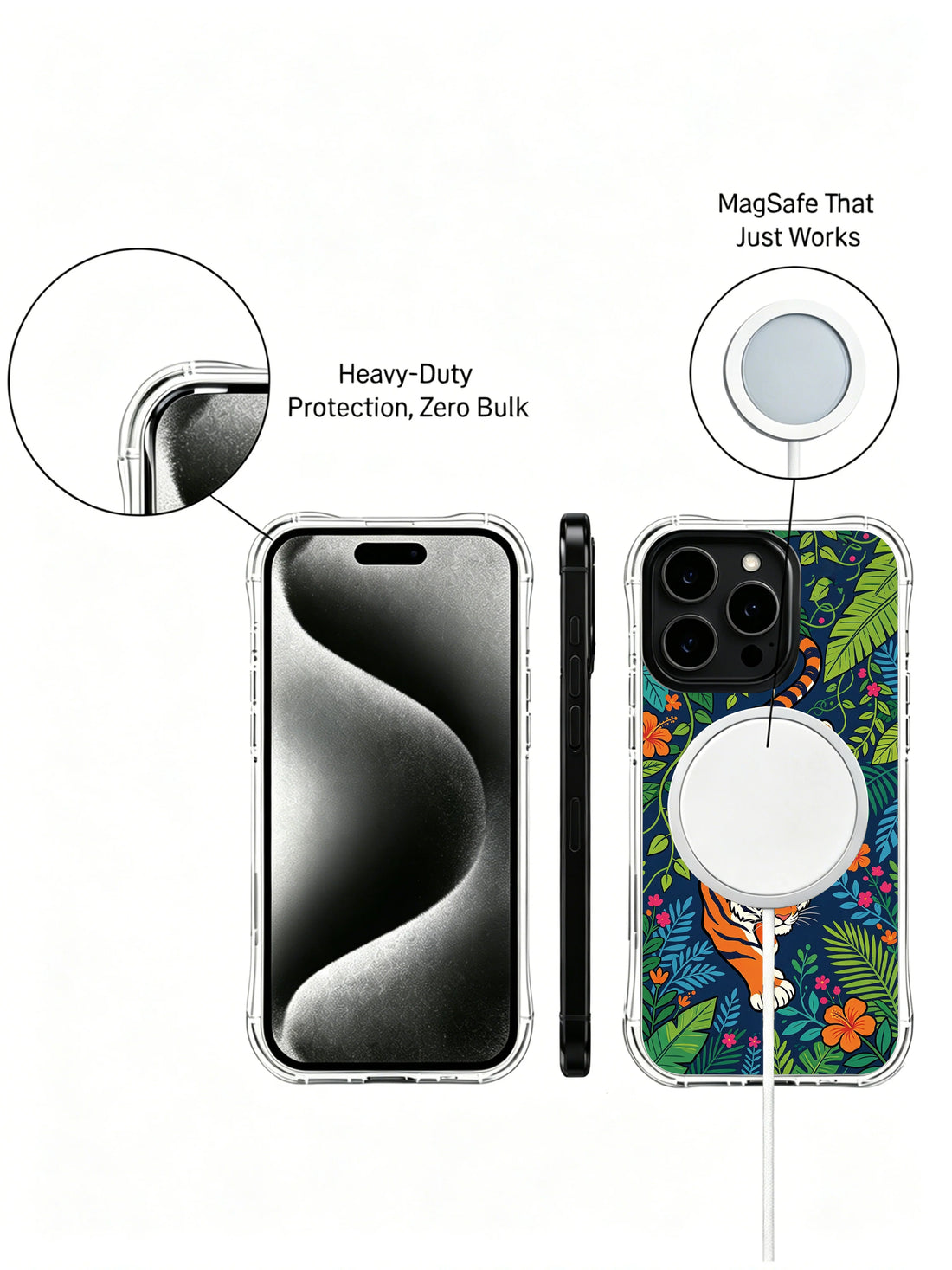 Freedom iPhone 13 Pro Case with leaping tiger art and tropical flowers