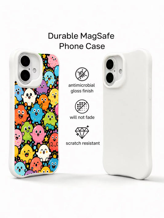 Doodle monster iPhone 16 Plus Case with full cover art and whimsical creatures