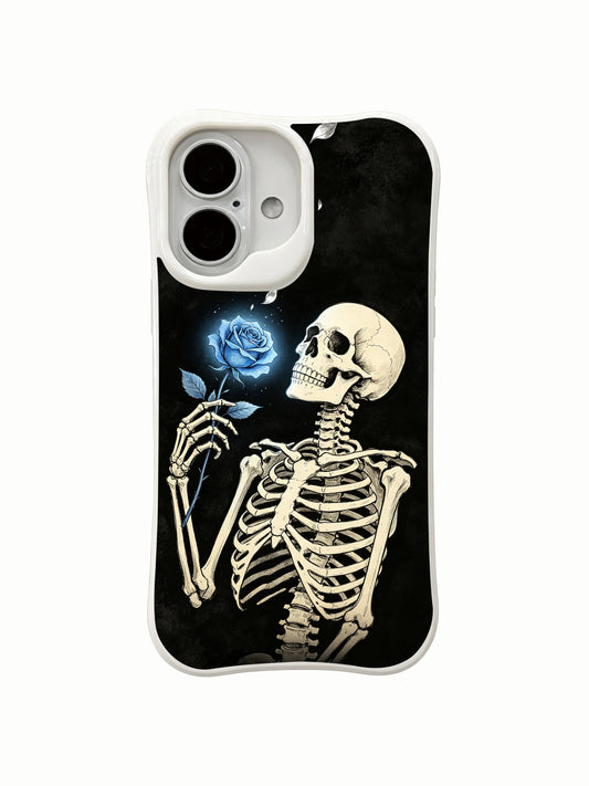 Floral skeleton blue iPhone 16 Case with black background, glowing rose, and gothic tattoo-inspired artwork