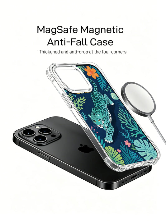 Unique iPhone 13 Pro Case gift with blue jaguar art and ocean flowers