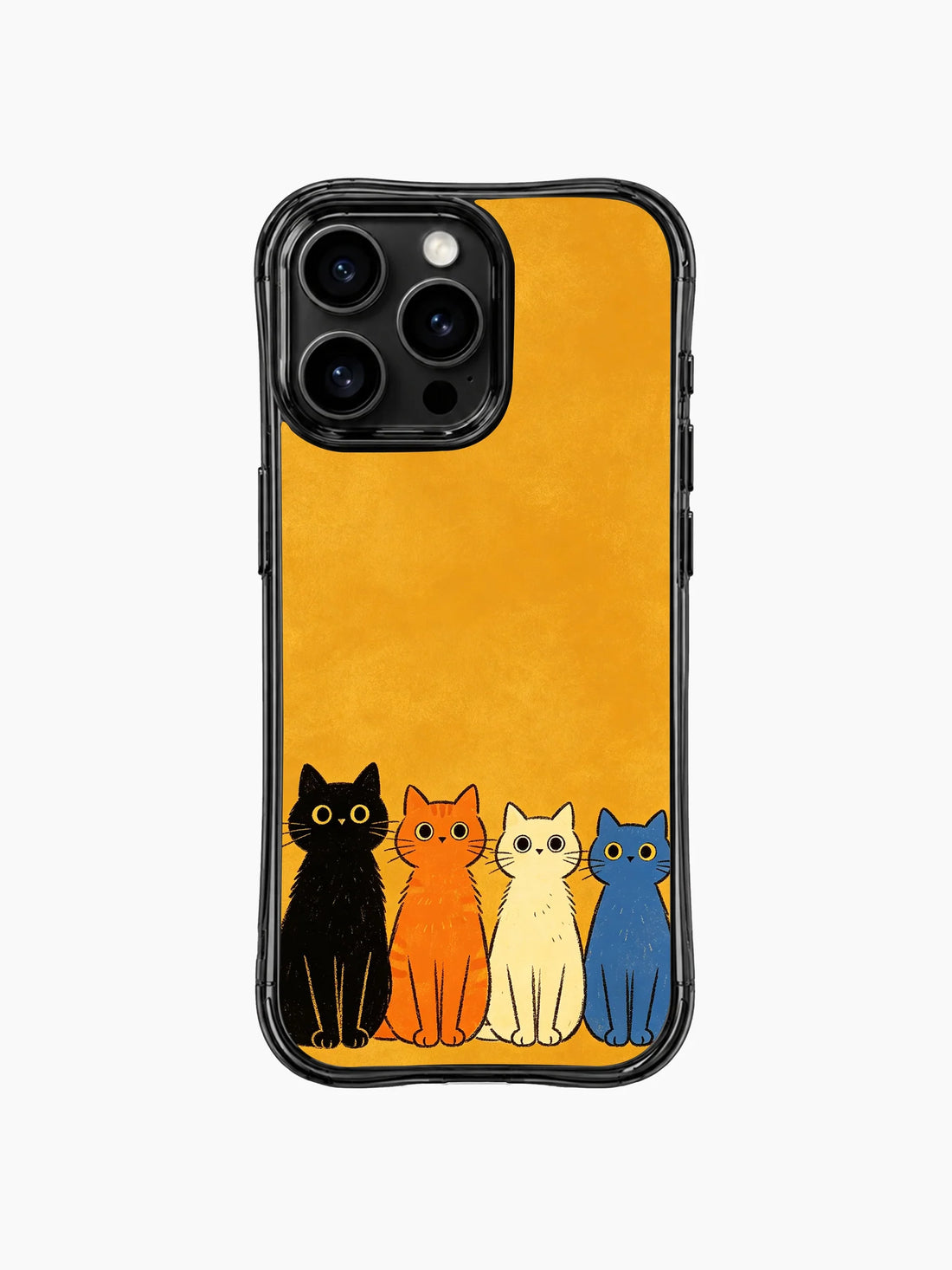 Black-edged iPhone 16 Pro Max case with five stylized cats in black, orange, cream, yellow, and blue along a warm golden background