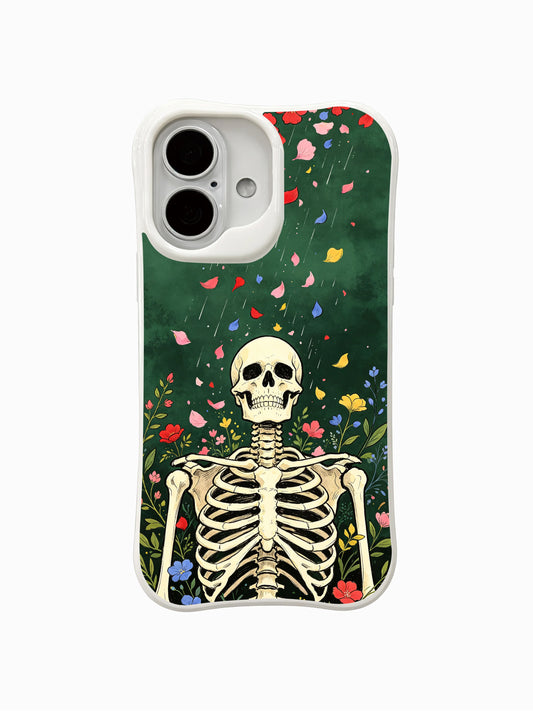 Gothic skeleton iPhone 16 Case with green curtain and falling flower petals