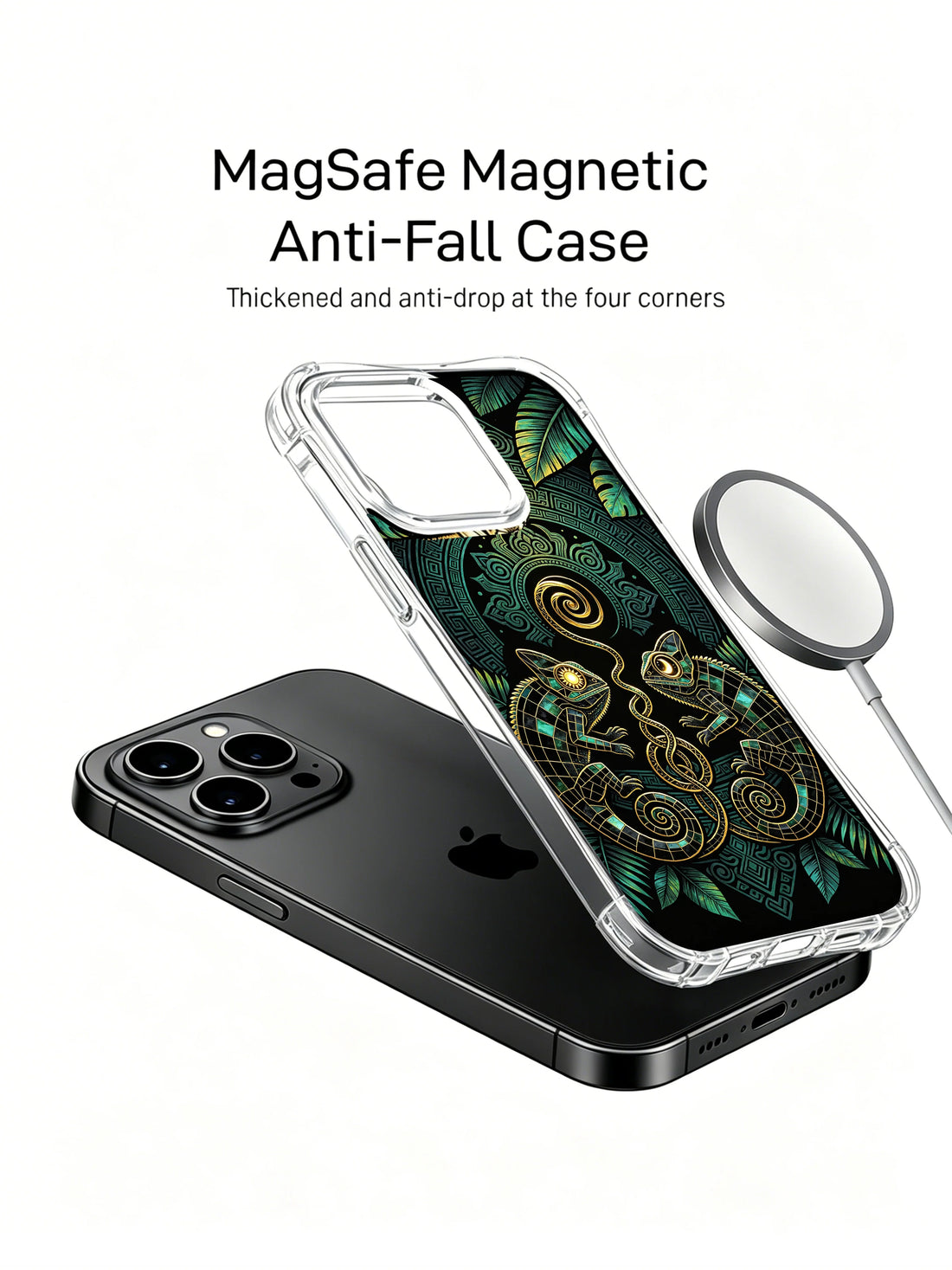 Rainforest chameleon iPhone 14 Plus Case with obsidian artwork