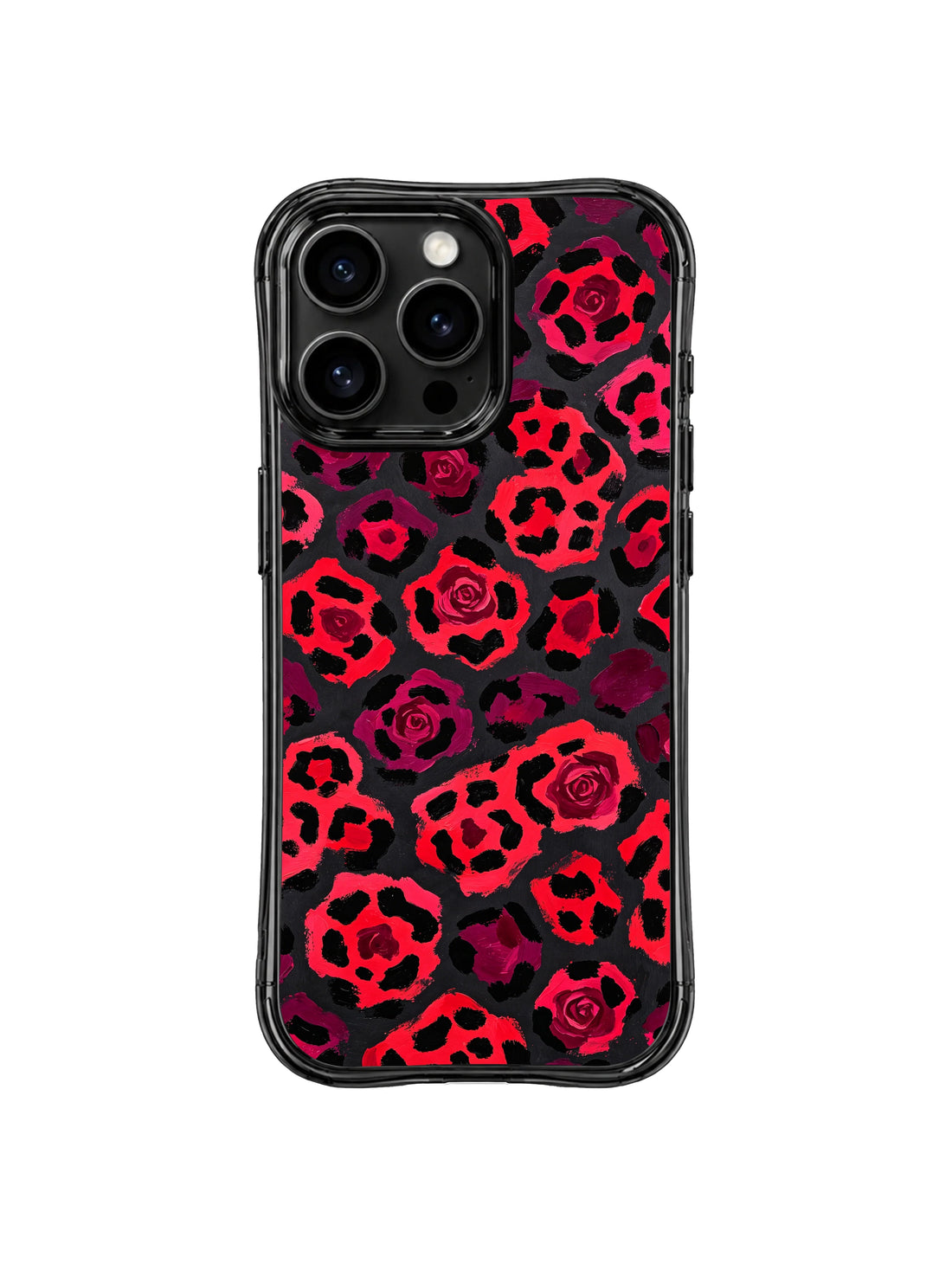 Leopard iPhone 14 Pro Case with cherry heart spots and midnight black base