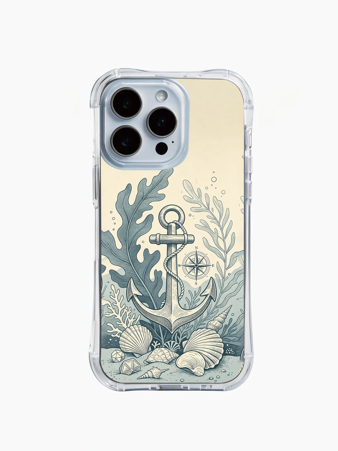 Clear iPhone 15 case with a vintage blue-gray anchor, compass, seaweed, and seashell illustration