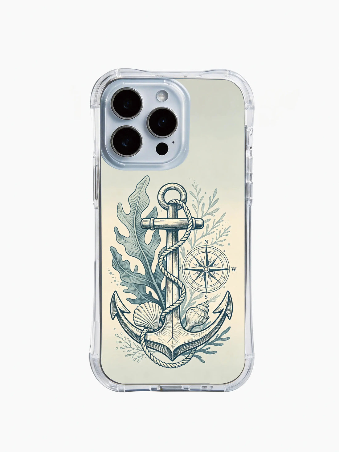 Feminine coastal iPhone 15 Case with lunar tide, rose detail, anchor shield, and steady sea art