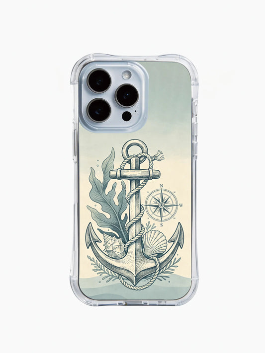 Anchor shield iPhone 15 Case with spiritual sea art, stable core symbolism, and retro coastal design
